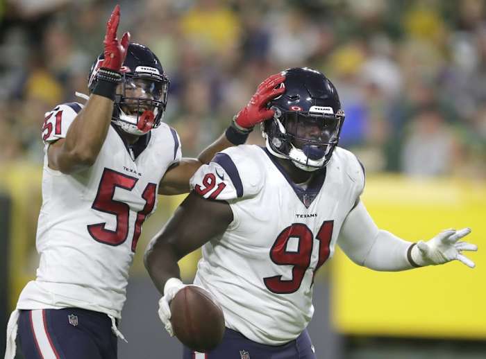 Texans defensive tackle Jaleel Johnson (91) celebrates a fumble recovery against Green Bay during a preseason game. Mandatory Credit: Wm Glasheen/USA TODAY NETWORK-Wisconsin via USA TODAY NETWORK